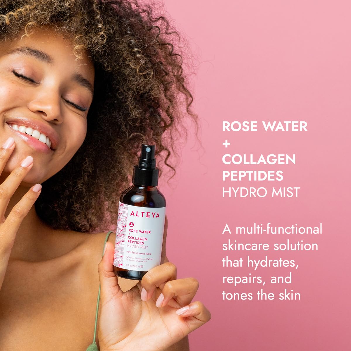 Alteya Organics facial mist spraying fine hydrating cloud onto skin