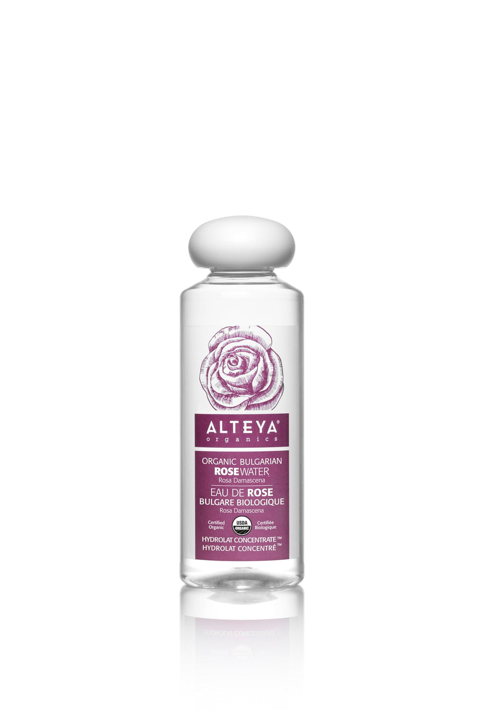 Alteya Organics front packaging showing bottle and label, conveys purity and certification