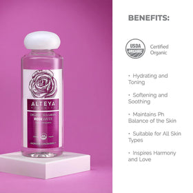 Alteya Organics bottle on bathroom vanity with towel, suggests daily skincare routine use