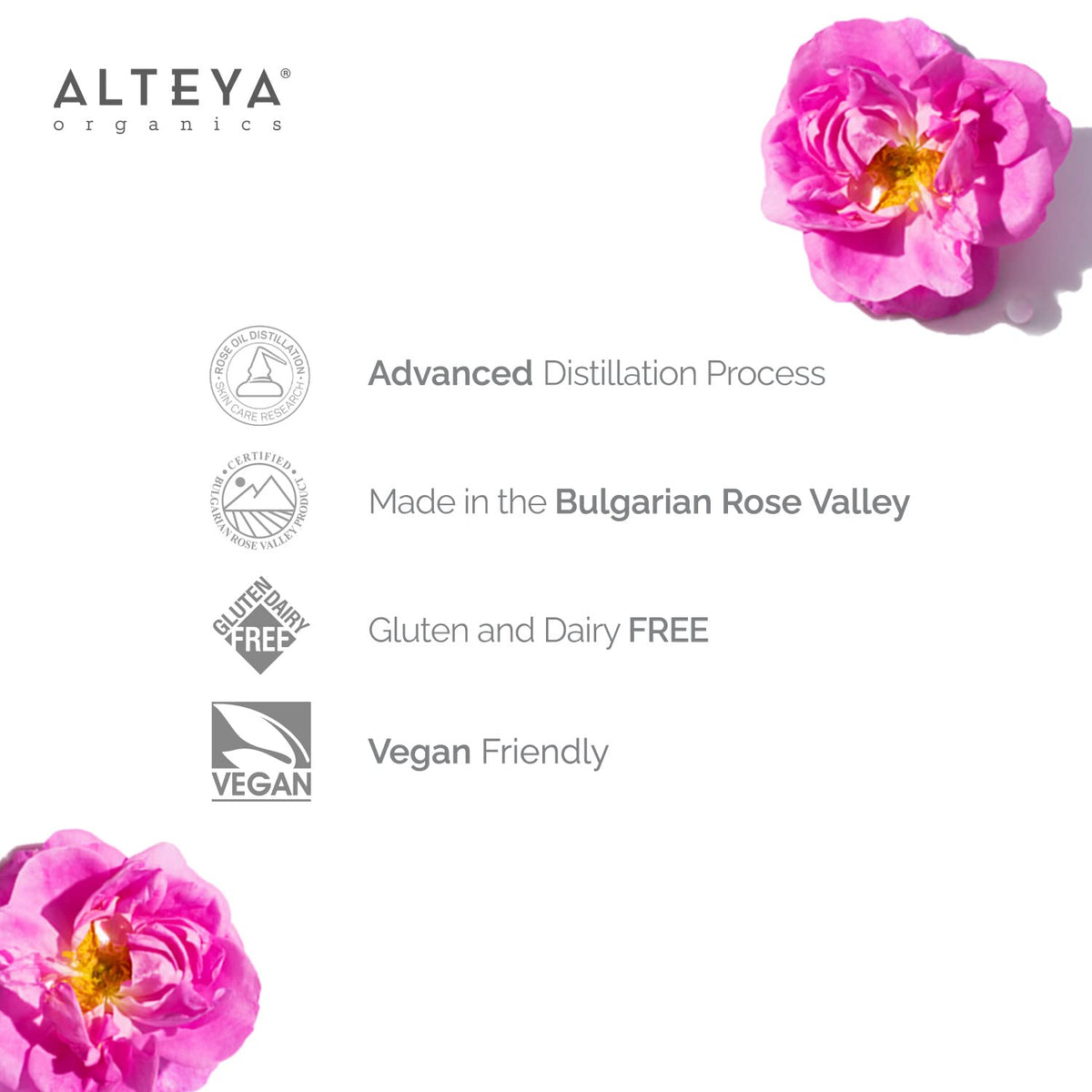 Alteya Organics rose garden lifestyle shot conveying organic sourcing and purity