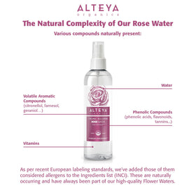 Alteya Organics rose water texture with petals illustrating purity and gentle hydration