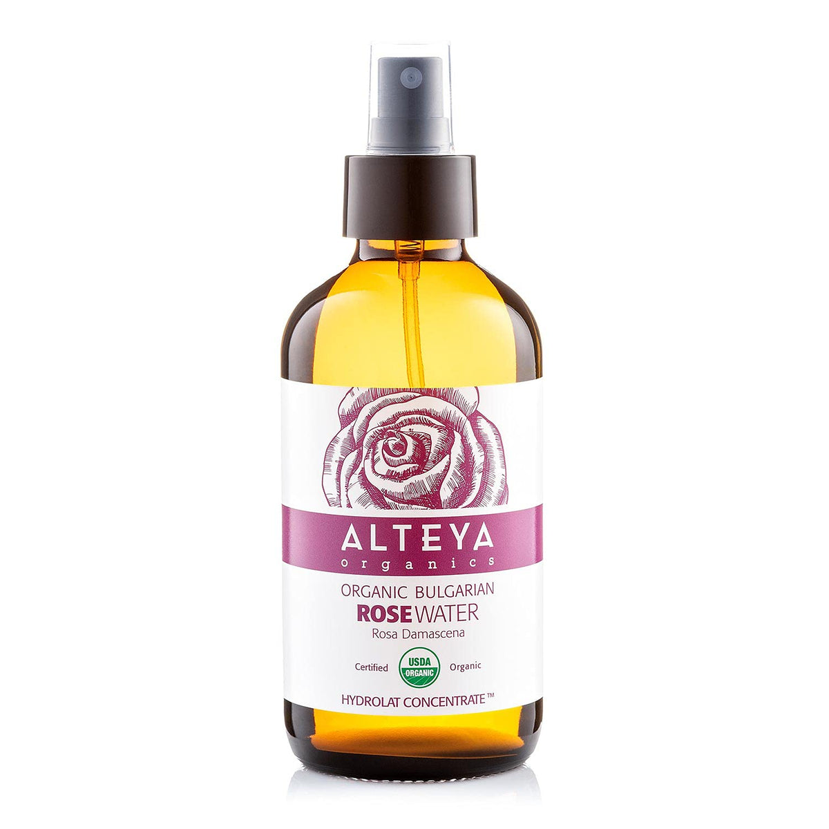 Alteya Organics amber bottle front view showing certified organic label and spray
