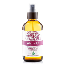 Alteya Organics amber bottle front view showing certified organic label and spray