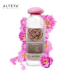 Alteya Organics label closeup highlighting pure Rosa Damascena and full traceability