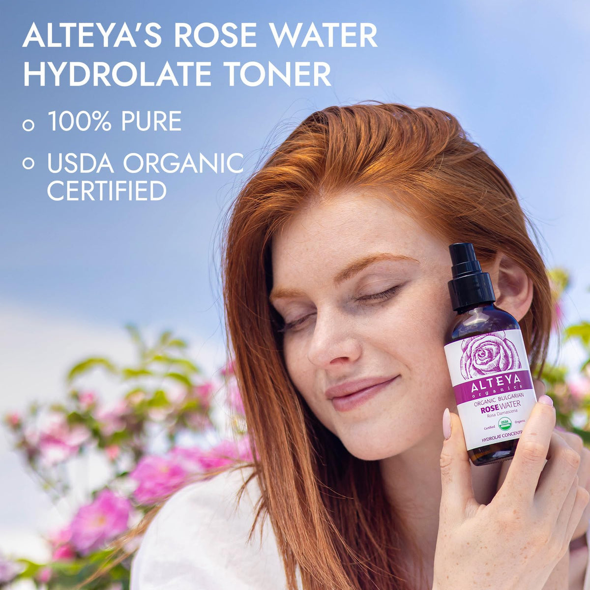 Alteya Organics bottle on bathroom vanity suggesting daily skincare routine benefit