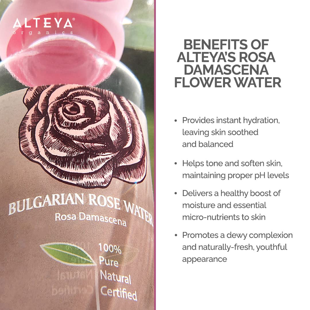 Alteya Organics bottle beside everyday items showing 500ml size for value