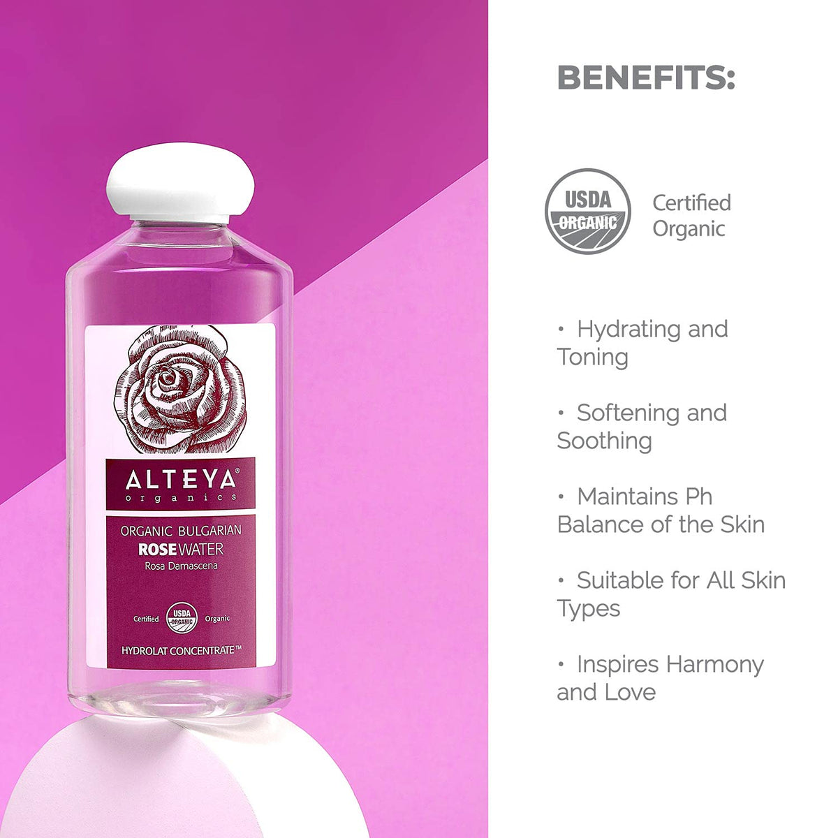 Map-style graphic showing Alteya Organics traceability from garden to bottle benefit