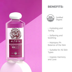 Map-style graphic showing Alteya Organics traceability from garden to bottle benefit