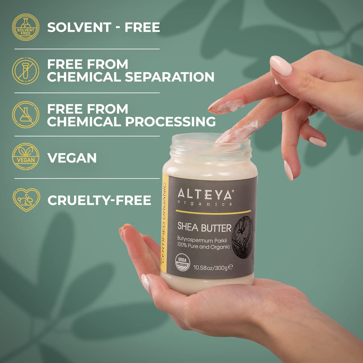 Alteya Organics shea butter being applied on hand for intense moisturizing benefit