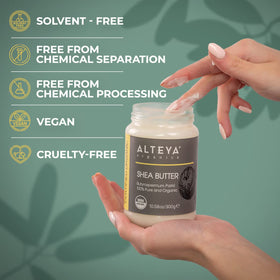 Alteya Organics shea butter being applied on hand for intense moisturizing benefit