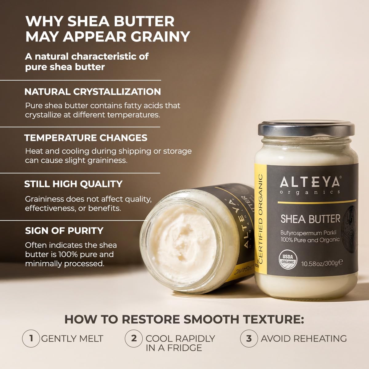 Alteya Organics open jar showing creamy shea butter texture and purity benefit