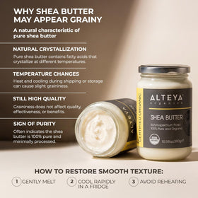 Alteya Organics open jar showing creamy shea butter texture and purity benefit