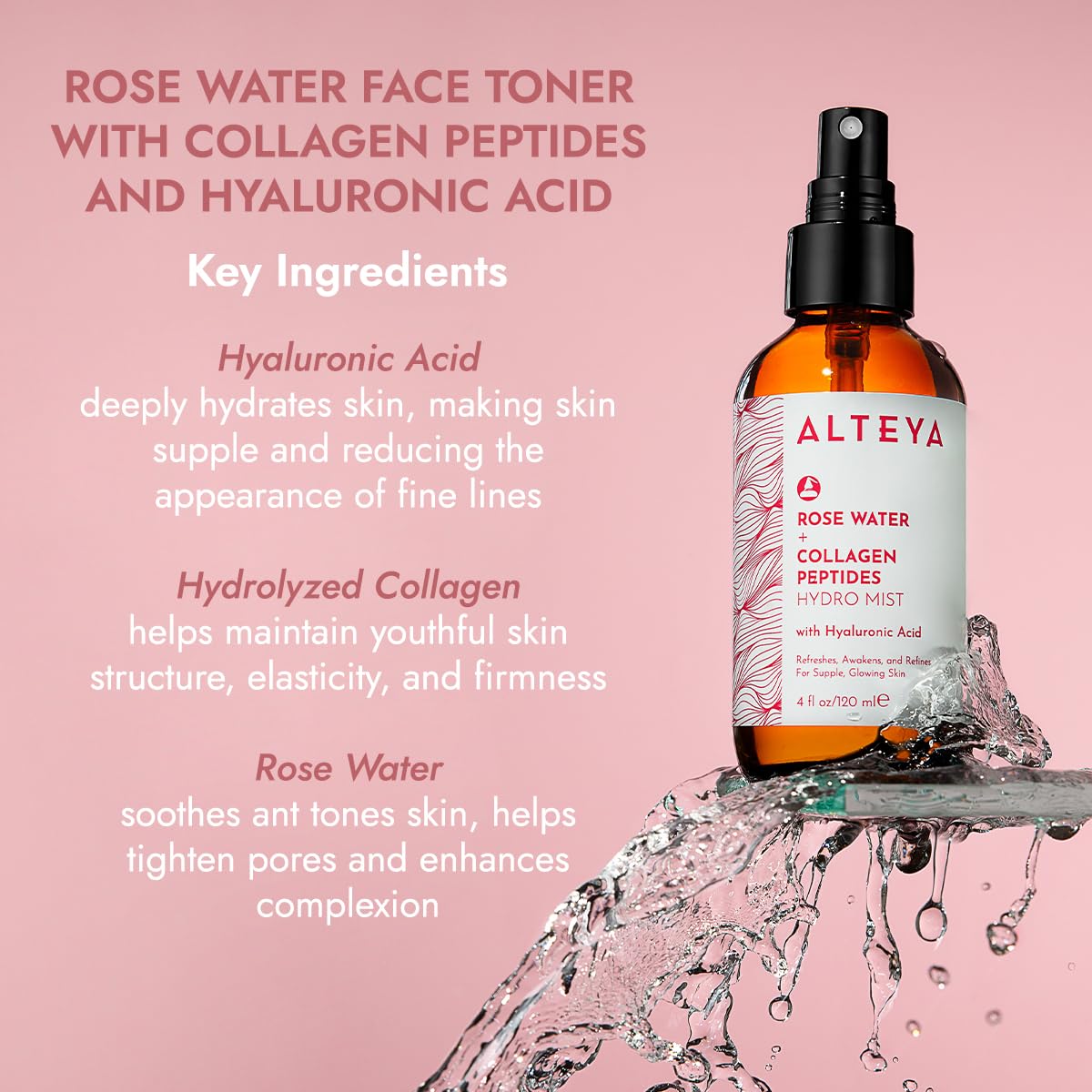Alteya Organics bottle in hand illustrating 120mL travel-friendly size