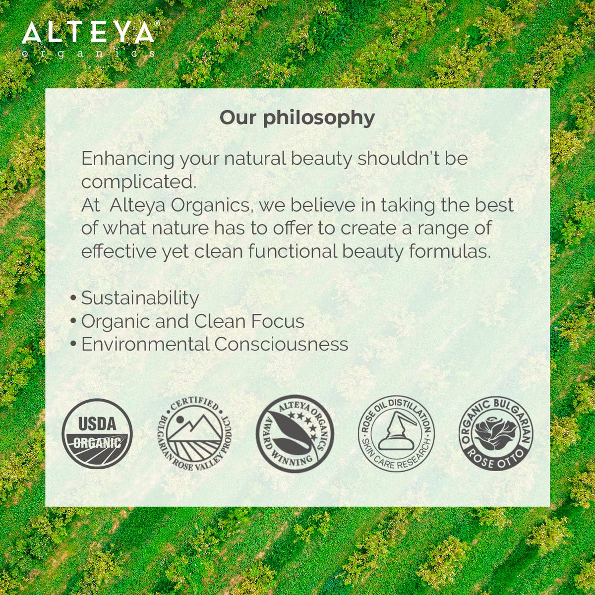 Alteya Organics droplet on skin texture showing fast-hydration benefit and glow