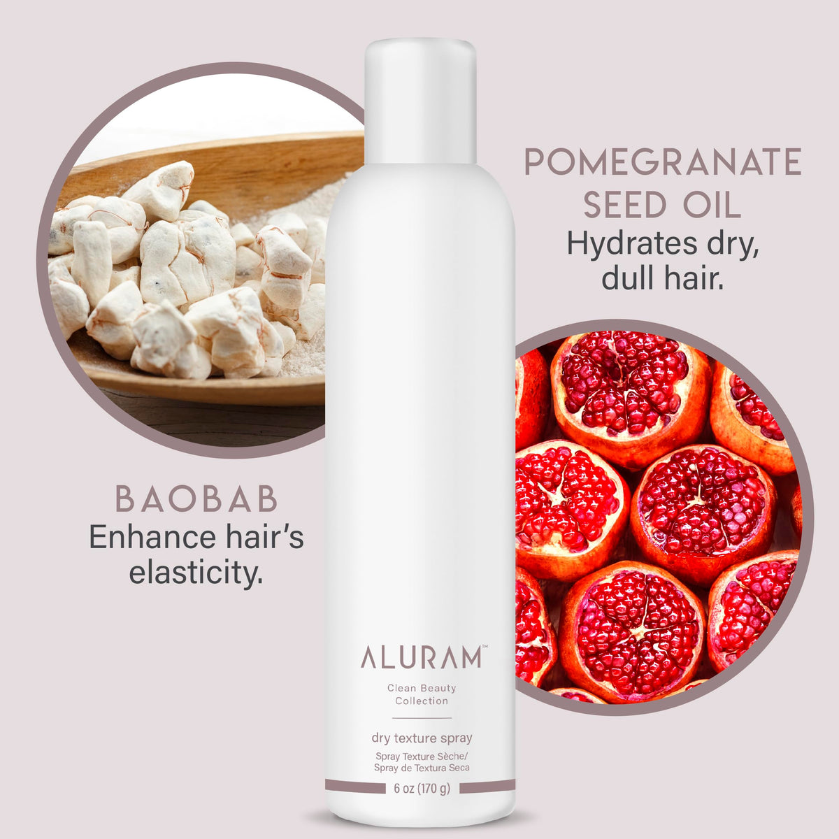 ALURAM baobab and pomegranate ingredients illustration providing lightweight hydration benefit