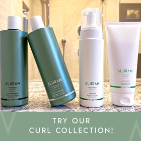 ALURAM before and after curls showing improved definition and reduced frizz
