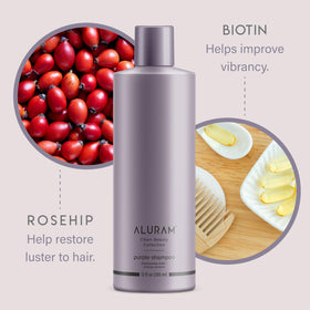 ALURAM label close-up highlighting rose hips and biotin benefits