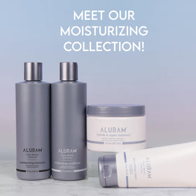 ALURAM bottle staged on bathroom shelf in lifestyle scene suggesting daily clean beauty routine