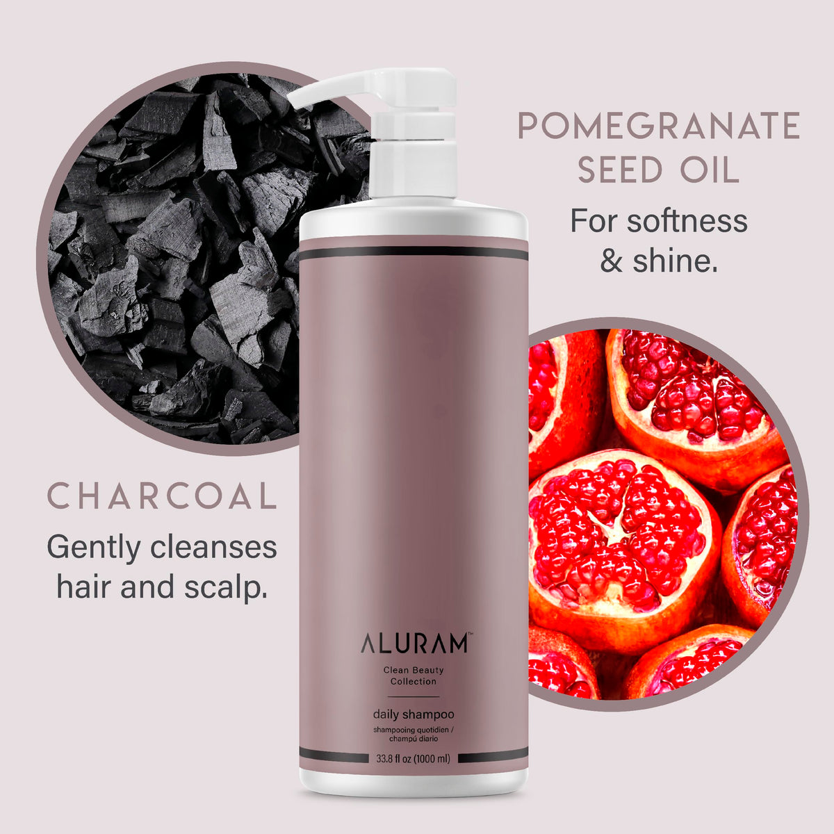 ALURAM bottle held in hand showing 33.8 fl oz size and everyday use benefit