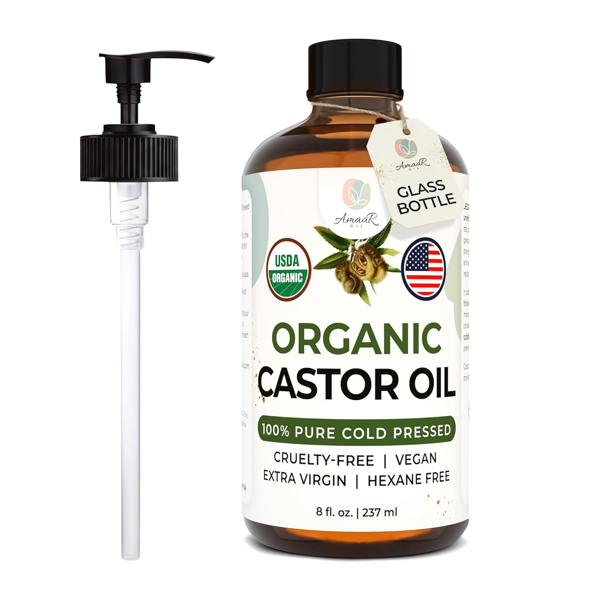 AMAAR amber glass front bottle showing organic label and pump for quality protection