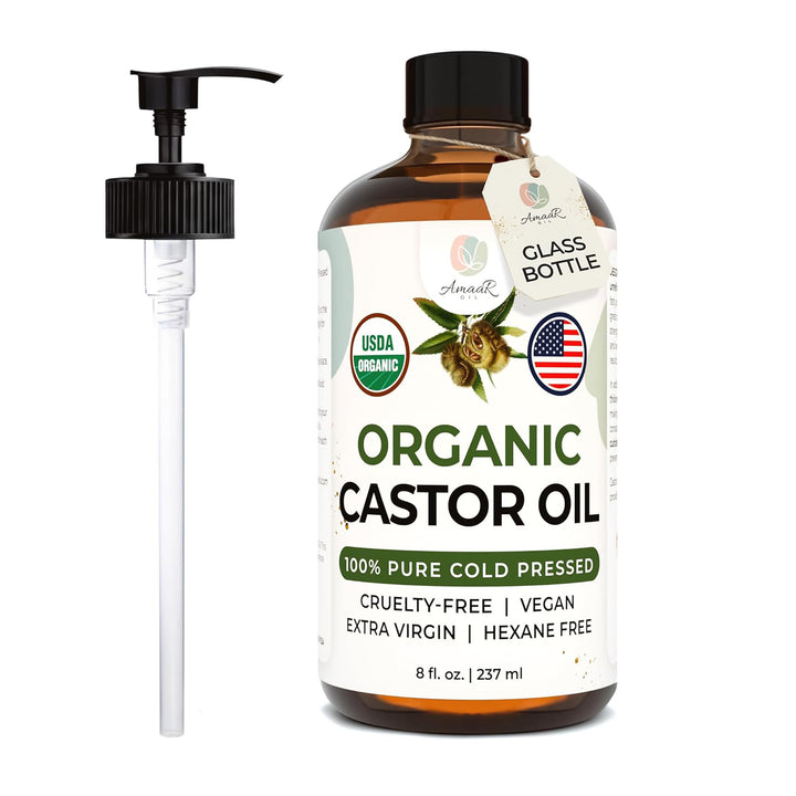 AMAAR amber glass front bottle showing organic label and pump for quality protection