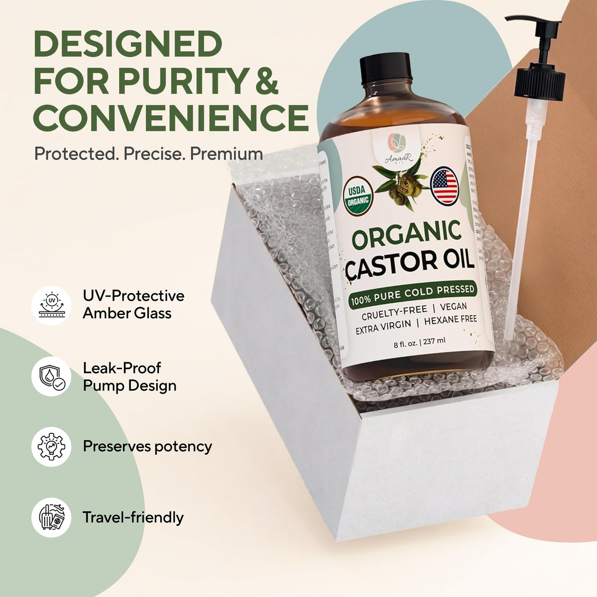 AMAAR label and amber glass detail highlighting USDA Organic certification