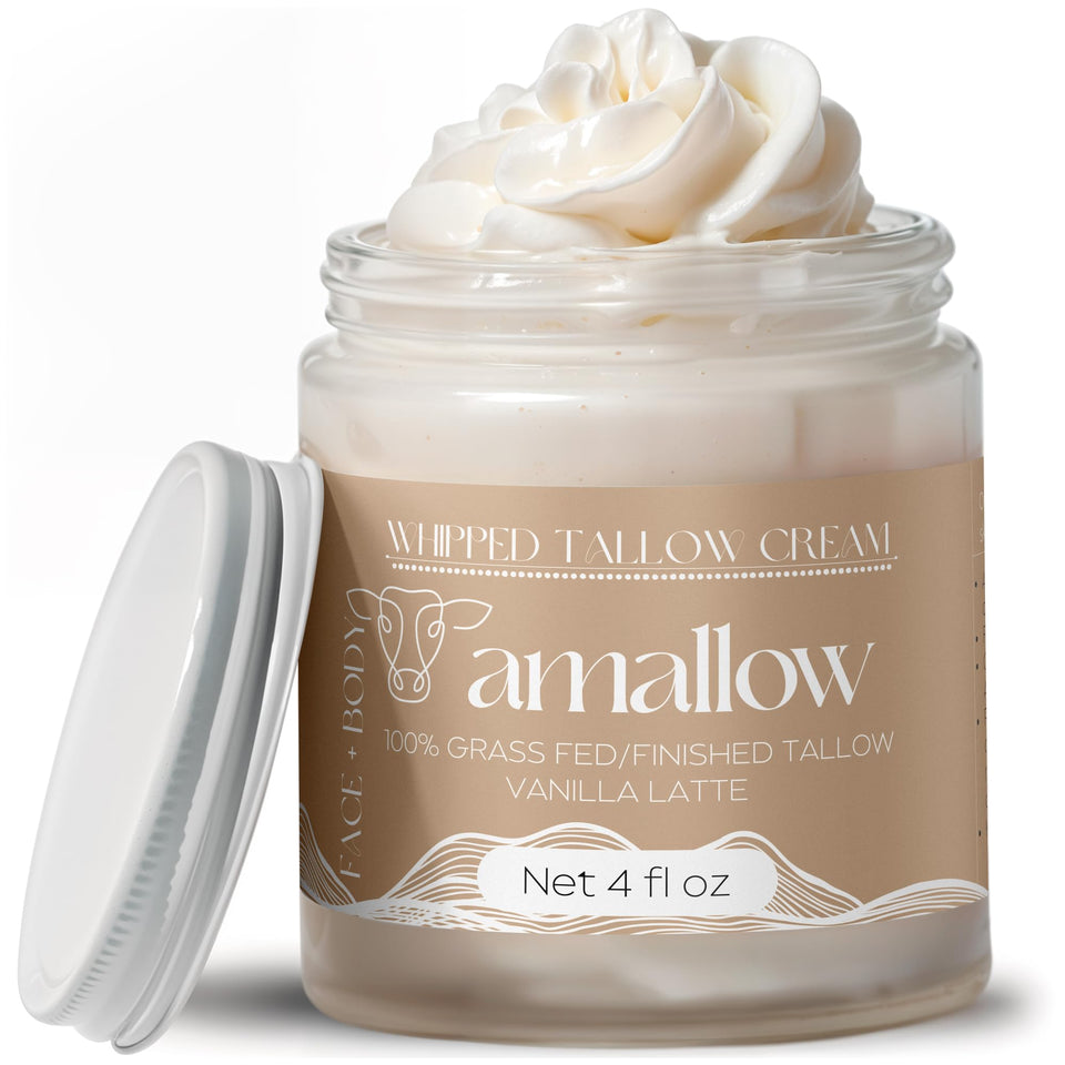 Amallow jar front view showing vanilla latte label and moisturizing benefit