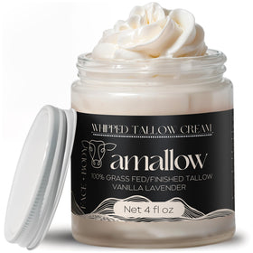Amallow jar front showing vanilla lavender label and moisturizing benefit