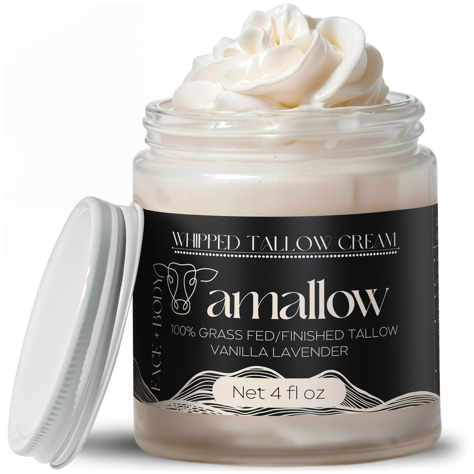 Amallow jar front showing vanilla lavender label and moisturizing benefit