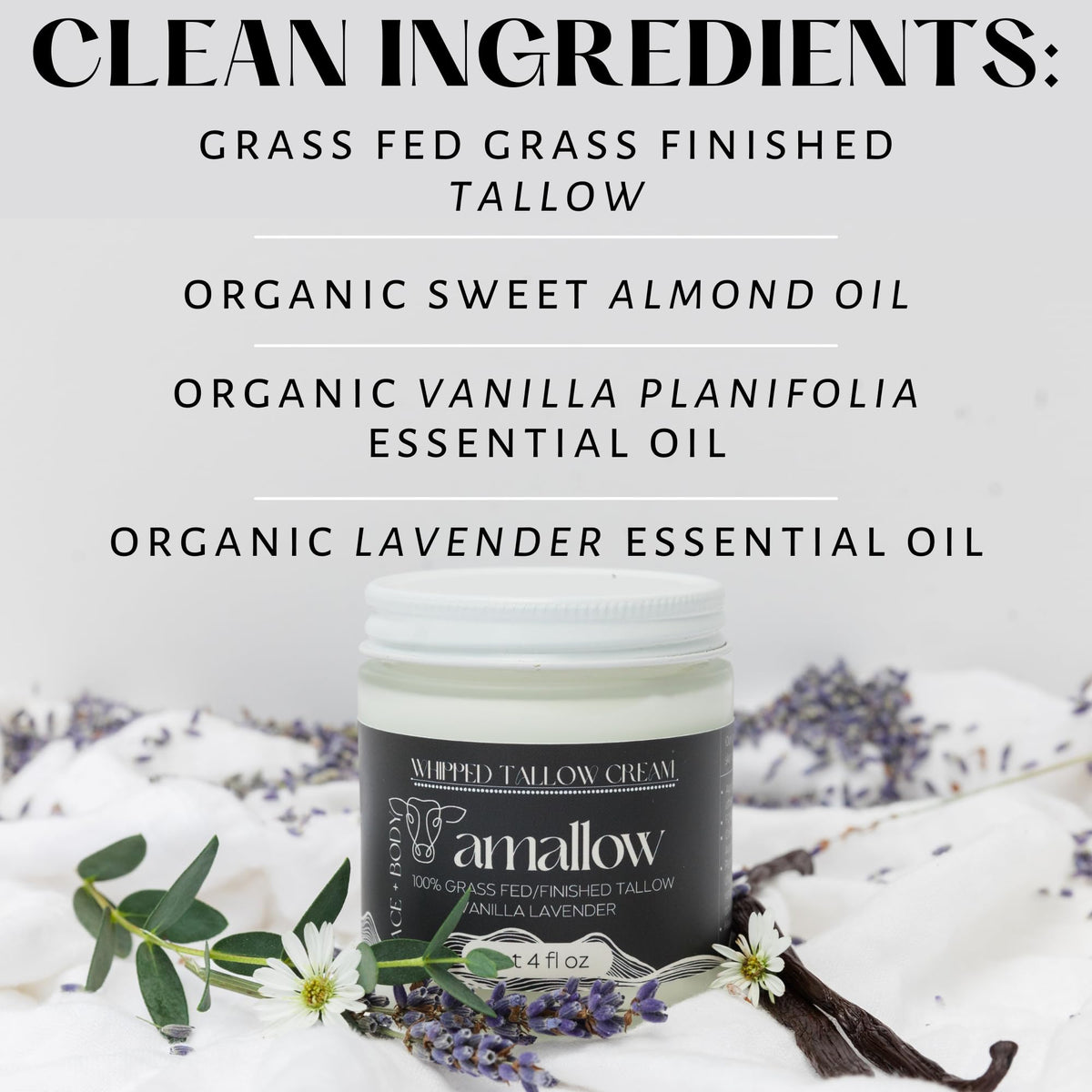 Amallow label ingredients close-up showing grass-fed tallow and almond oil benefits