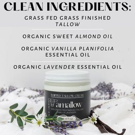 Amallow label ingredients close-up showing grass-fed tallow and almond oil benefits