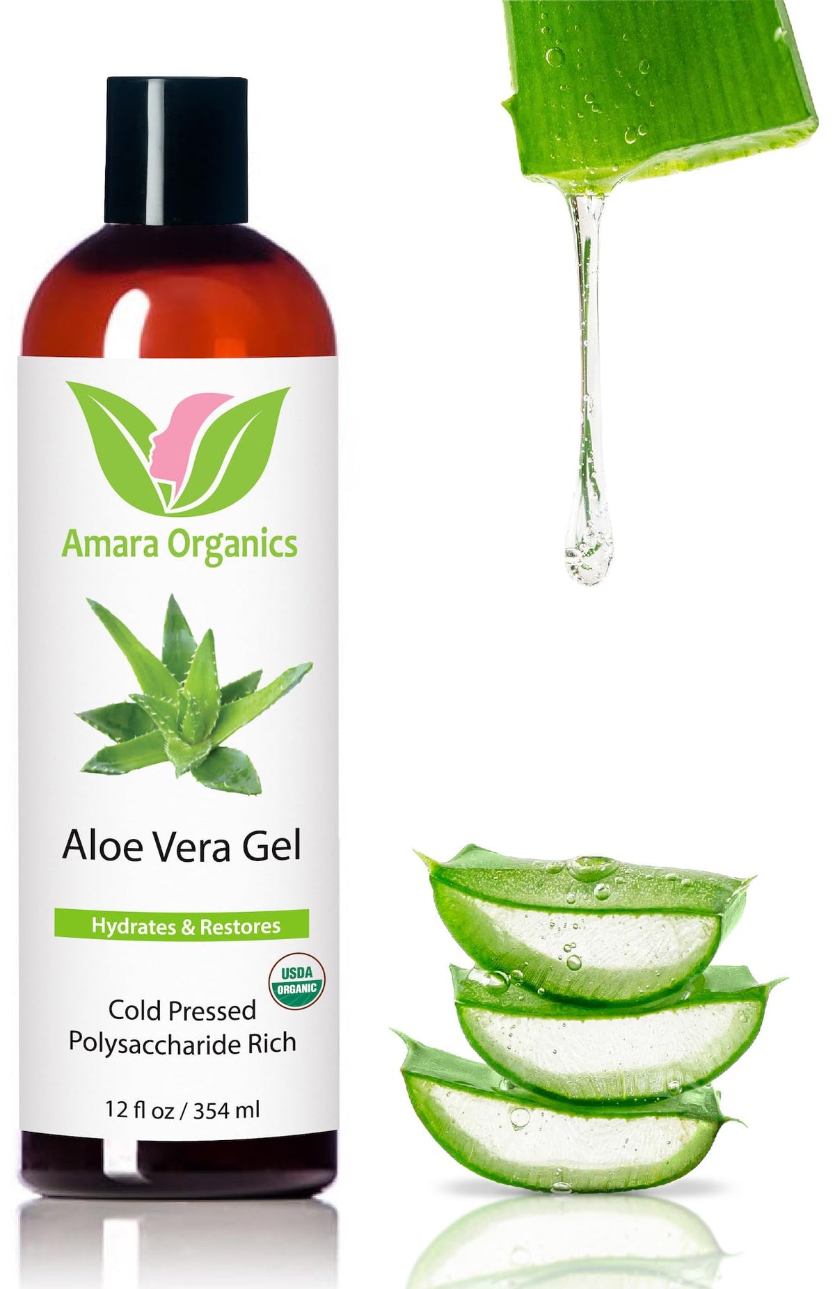 Amara Beauty front packaging showing organic aloe gel bottle and benefits