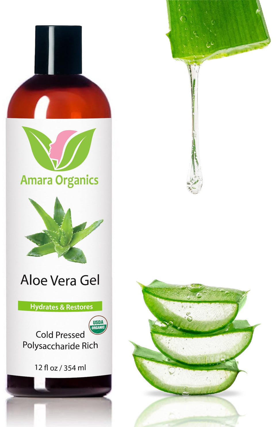 Amara Beauty front packaging showing organic aloe gel bottle and benefits