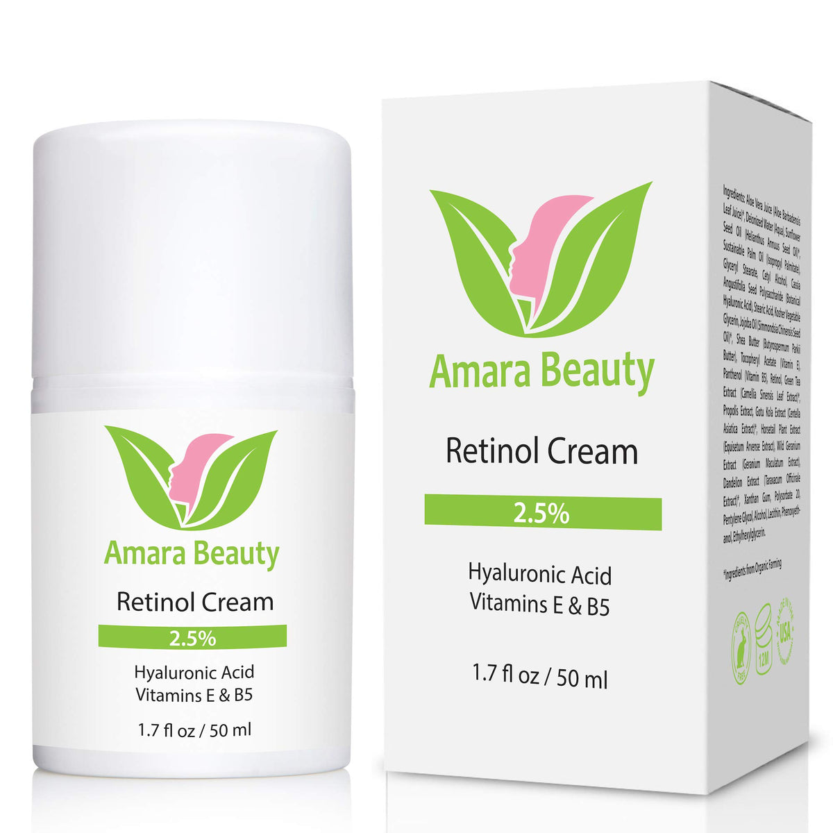 Amara Beauty retinol cream ingredients display with hyaluronic acid and oils for nourishment