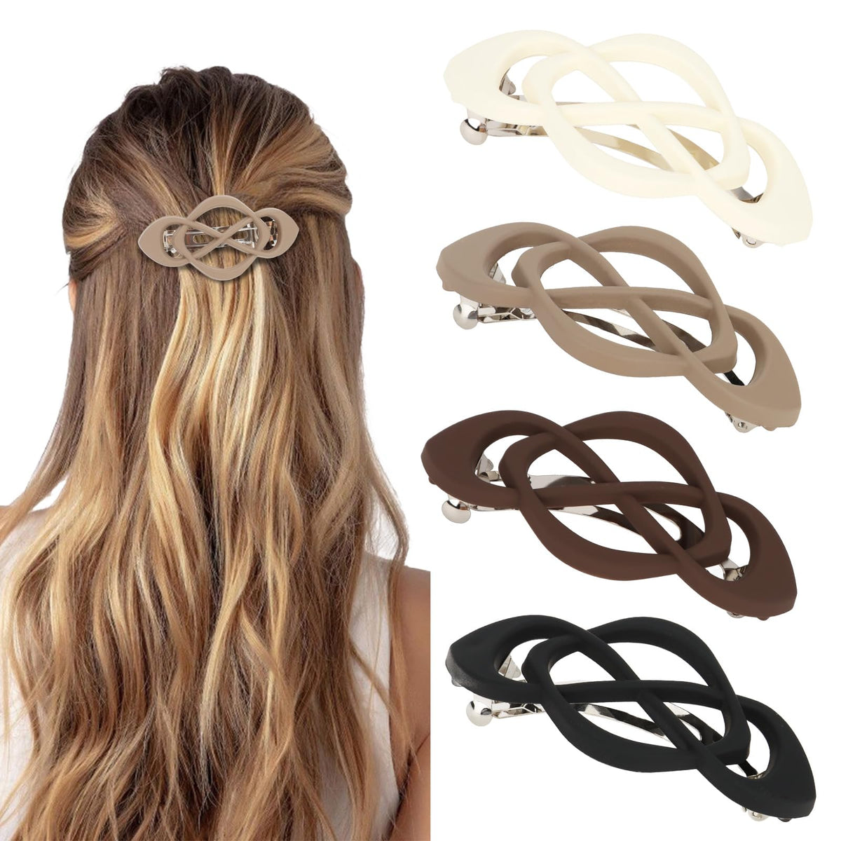 Amariver front view of four neutral barrettes showing colors and benefits