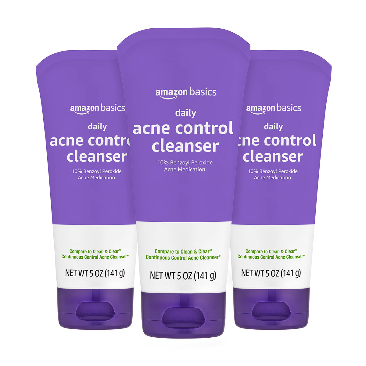 Amazon Basics front packaging showing 10% benzoyl peroxide and three 5 oz tubes for reliable acne treatment
