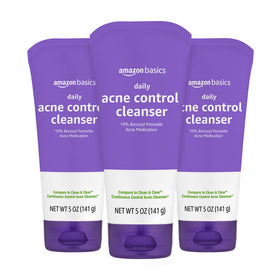 Amazon Basics front packaging showing 10% benzoyl peroxide and three 5 oz tubes for reliable acne treatment