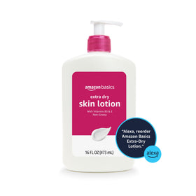 Amazon Basics lotion on bathroom shelf in lifestyle scene showing daily hydration benefit