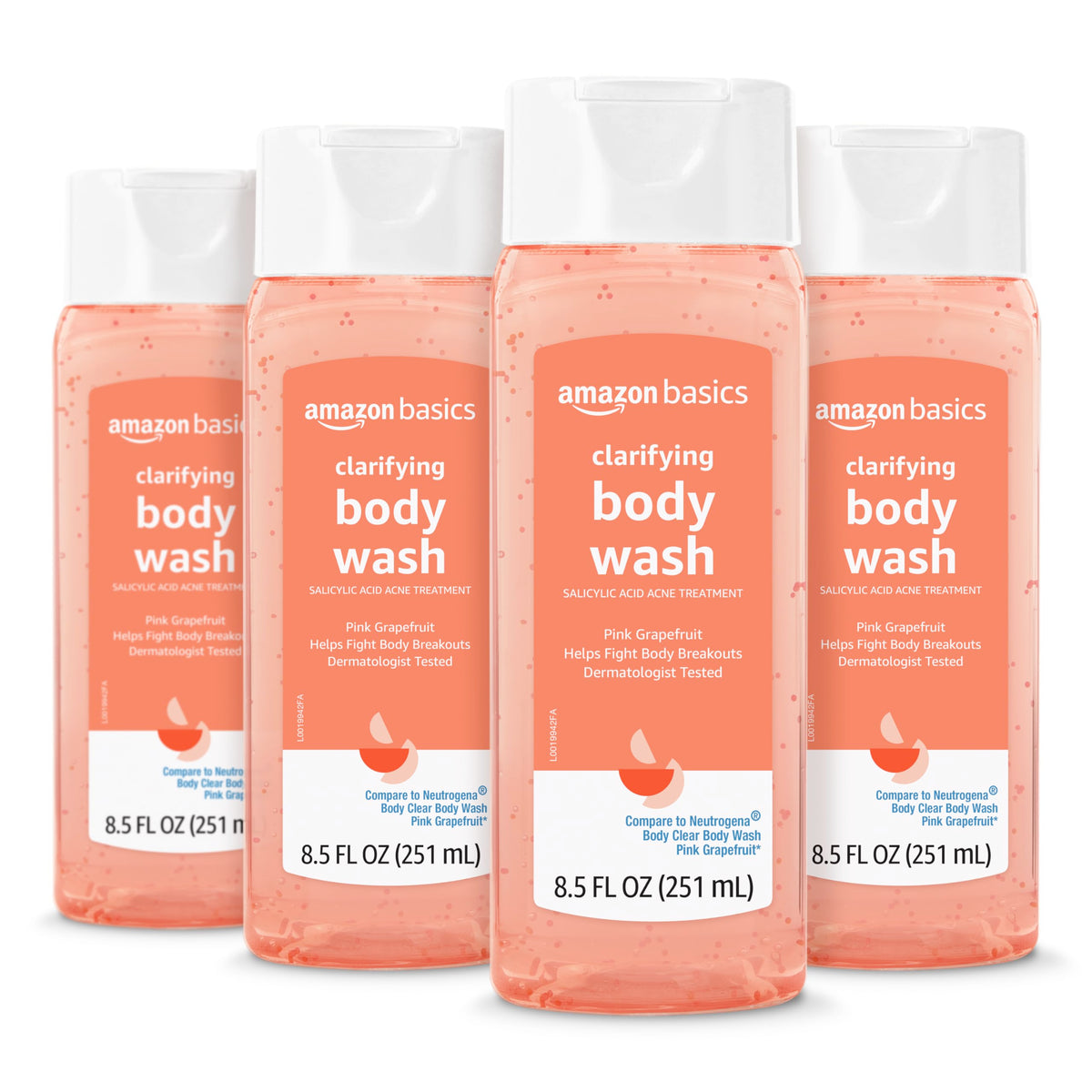 Amazon Basics bottle front packaging shows label and pink grapefruit scent for clear skin