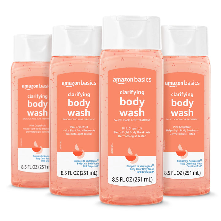 Amazon Basics bottle front packaging shows label and pink grapefruit scent for clear skin