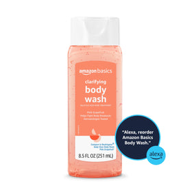 Bathroom countertop with Amazon Basics bottle for an invigorating daily cleansing routine
