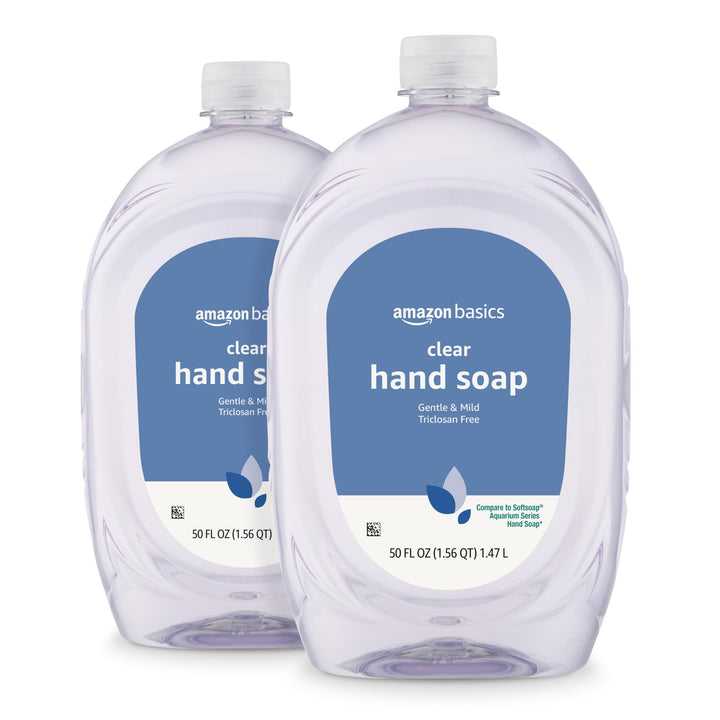 Amazon Basics front packaging showing two 50 fl oz refill bottles and product benefit
