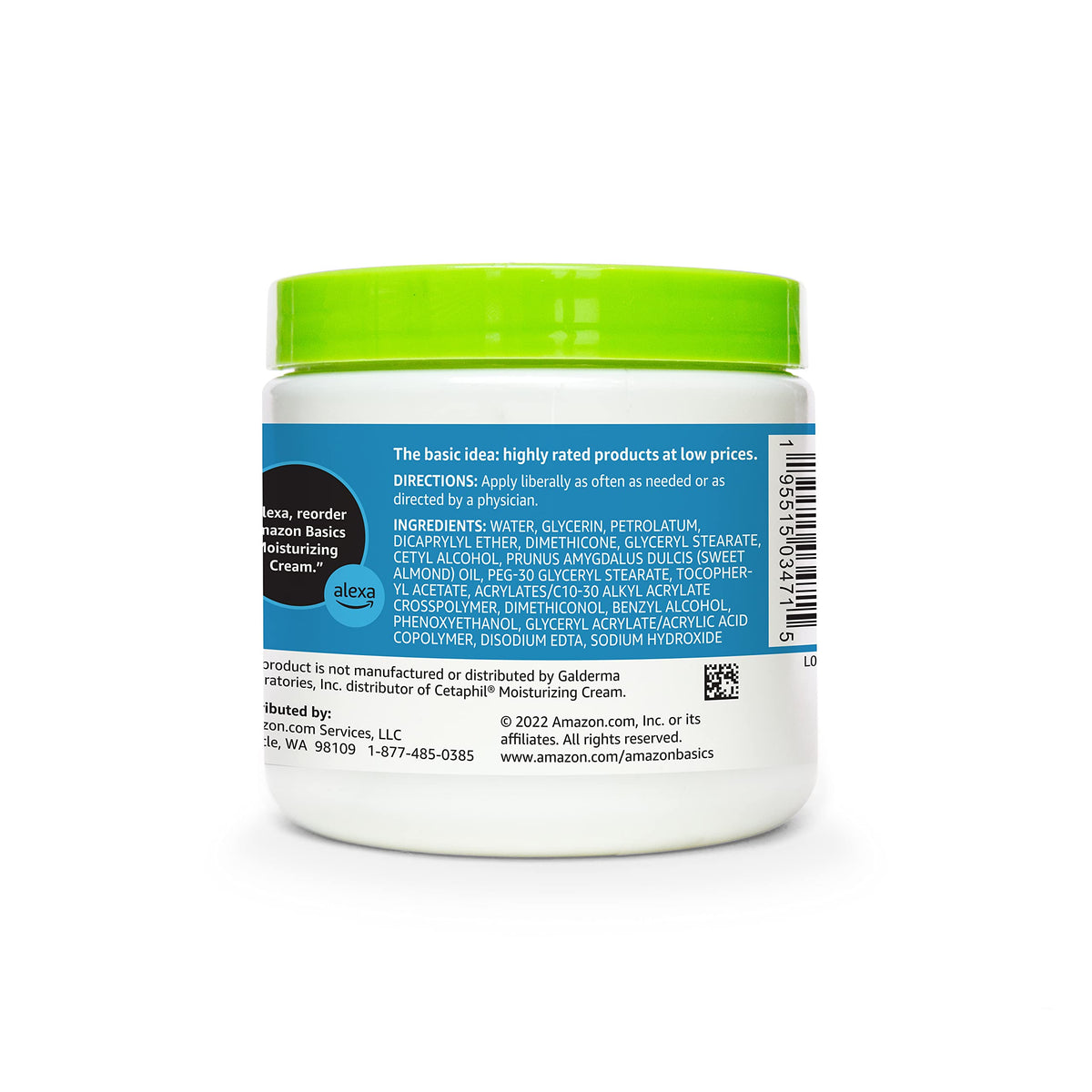 Amazon Basics jar next to common objects showing 16oz size and value