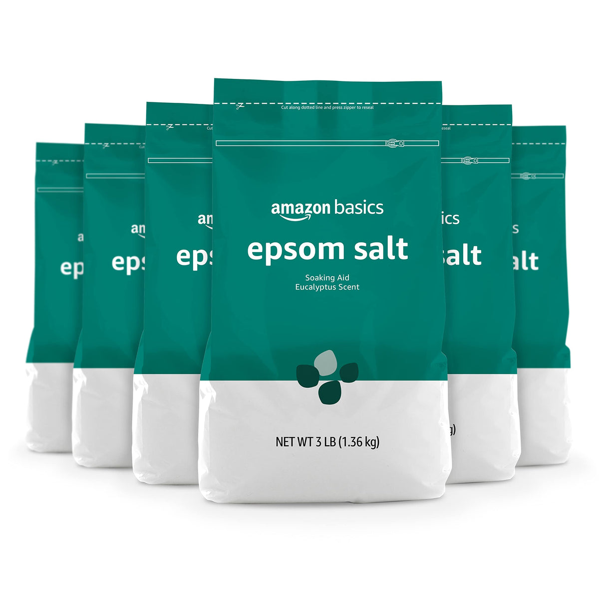 Amazon Basics front packaging showing six 3 lb pouches and clear labeling for easy storage