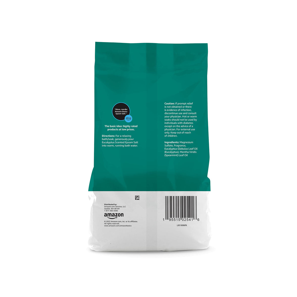Amazon Basics salts poured into a bathtub with steam to show relaxing eucalyptus aroma