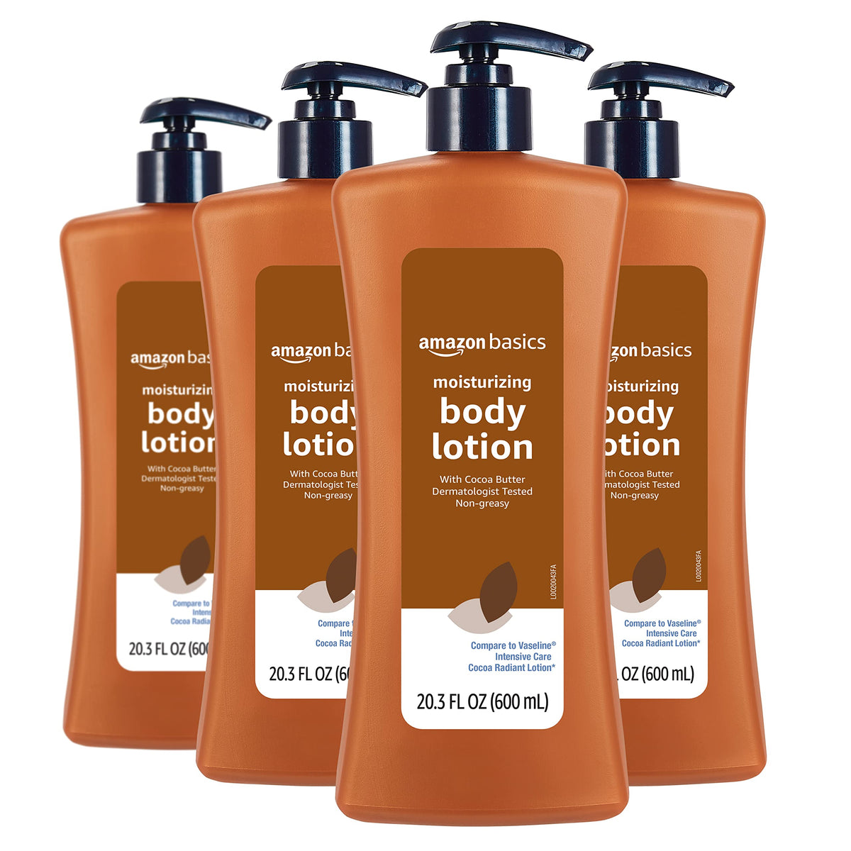 Amazon Basics front label showing cocoa butter lotion and product benefits