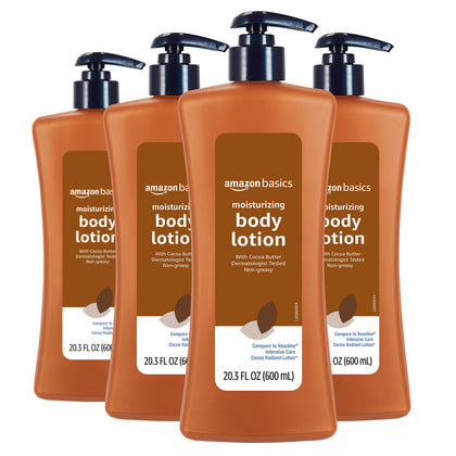 Amazon Basics front label showing cocoa butter lotion and product benefits