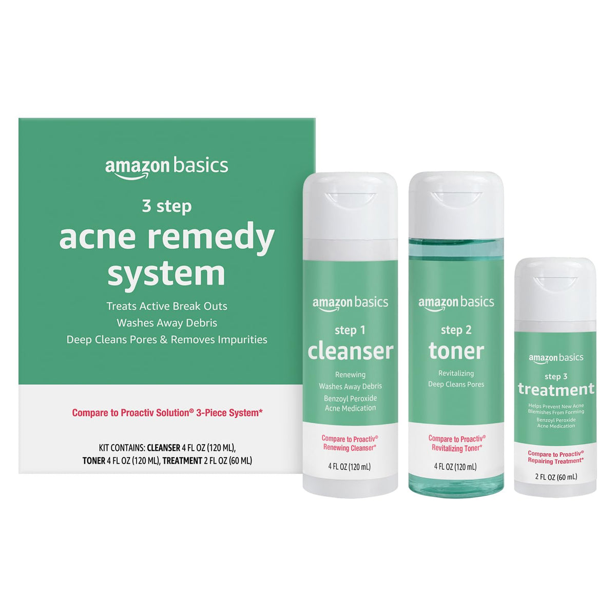 Amazon Basics front packaging showing full 3-step acne kit benefits