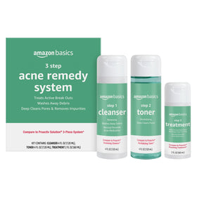 Amazon Basics front packaging showing full 3-step acne kit benefits