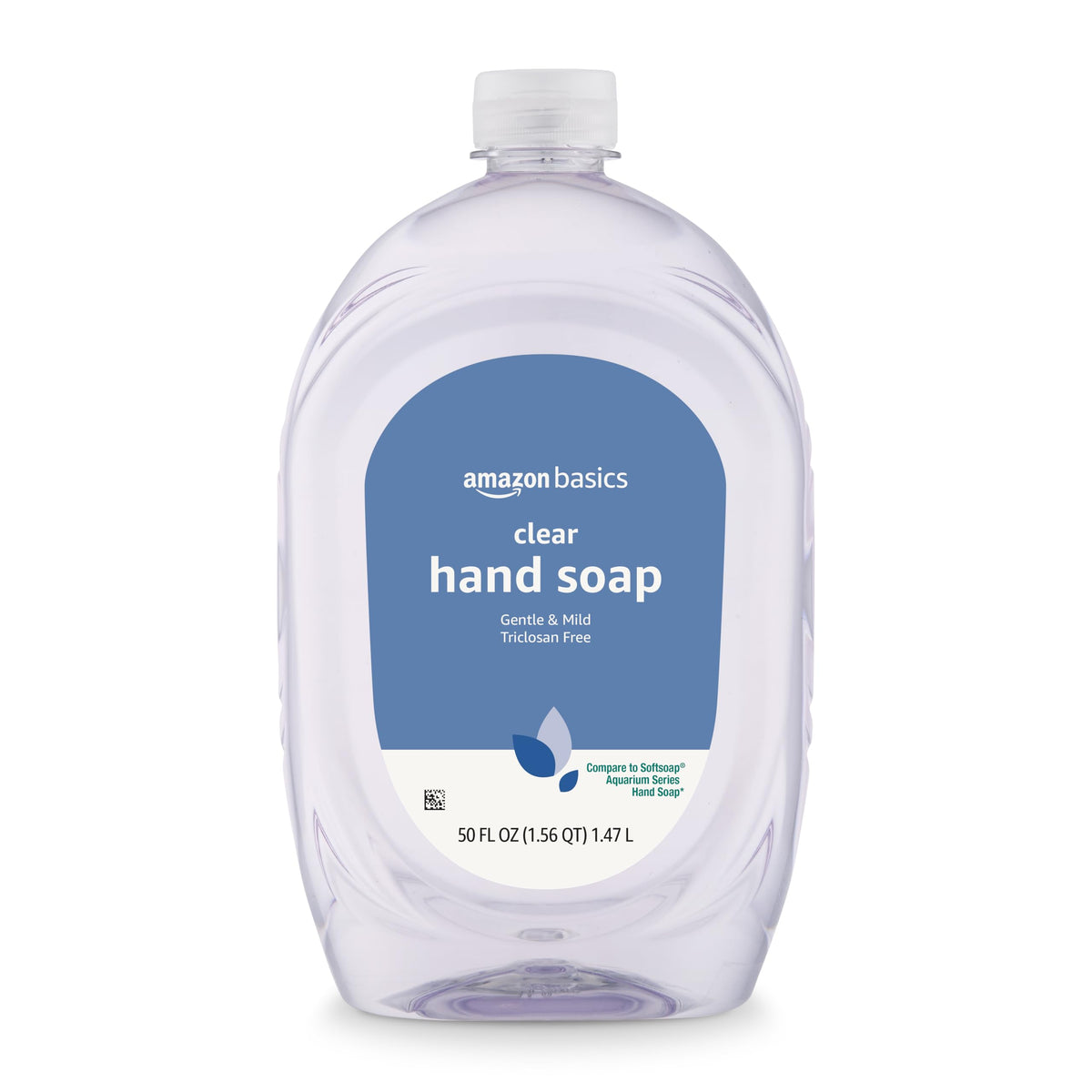 Amazon Basics close-up of bottle label highlighting gentle, triclosan-free formula